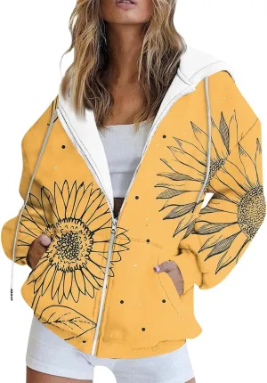 Women's Floral Zip Up Hoodies With Pockets, Casual Style, Long Sleeve, S-3XL