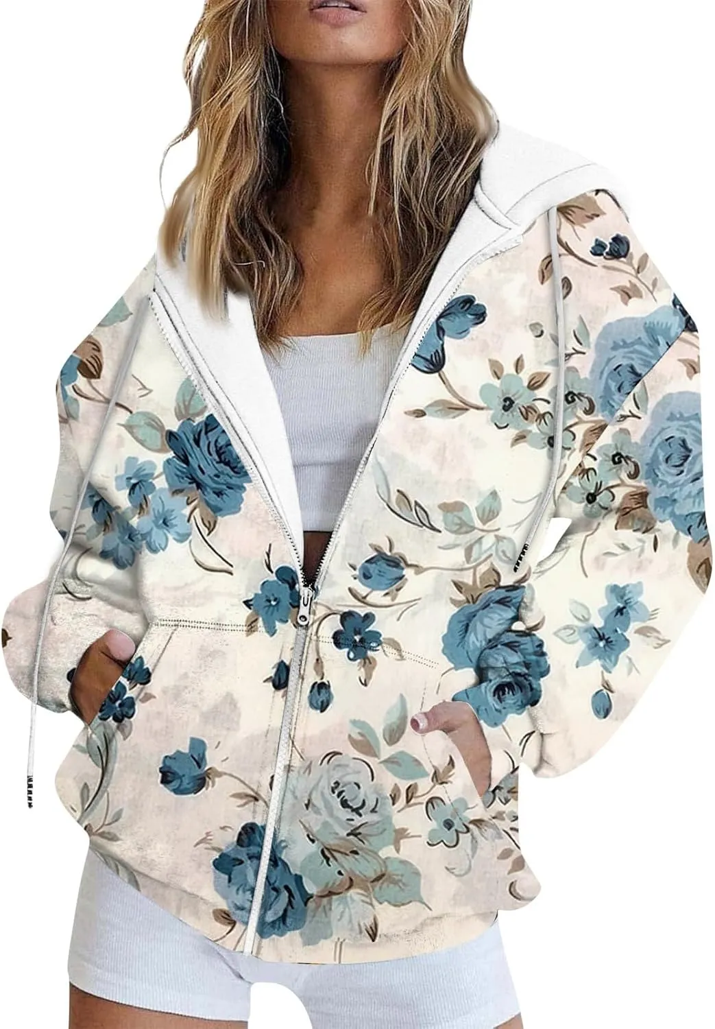 Women's Floral Zip Up Hoodies With Pockets, Casual Style, Long Sleeve, S-3XL
