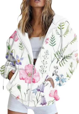 Women's Floral Zip Up Hoodies With Pockets, Casual Style, Long Sleeve, S-3XL
