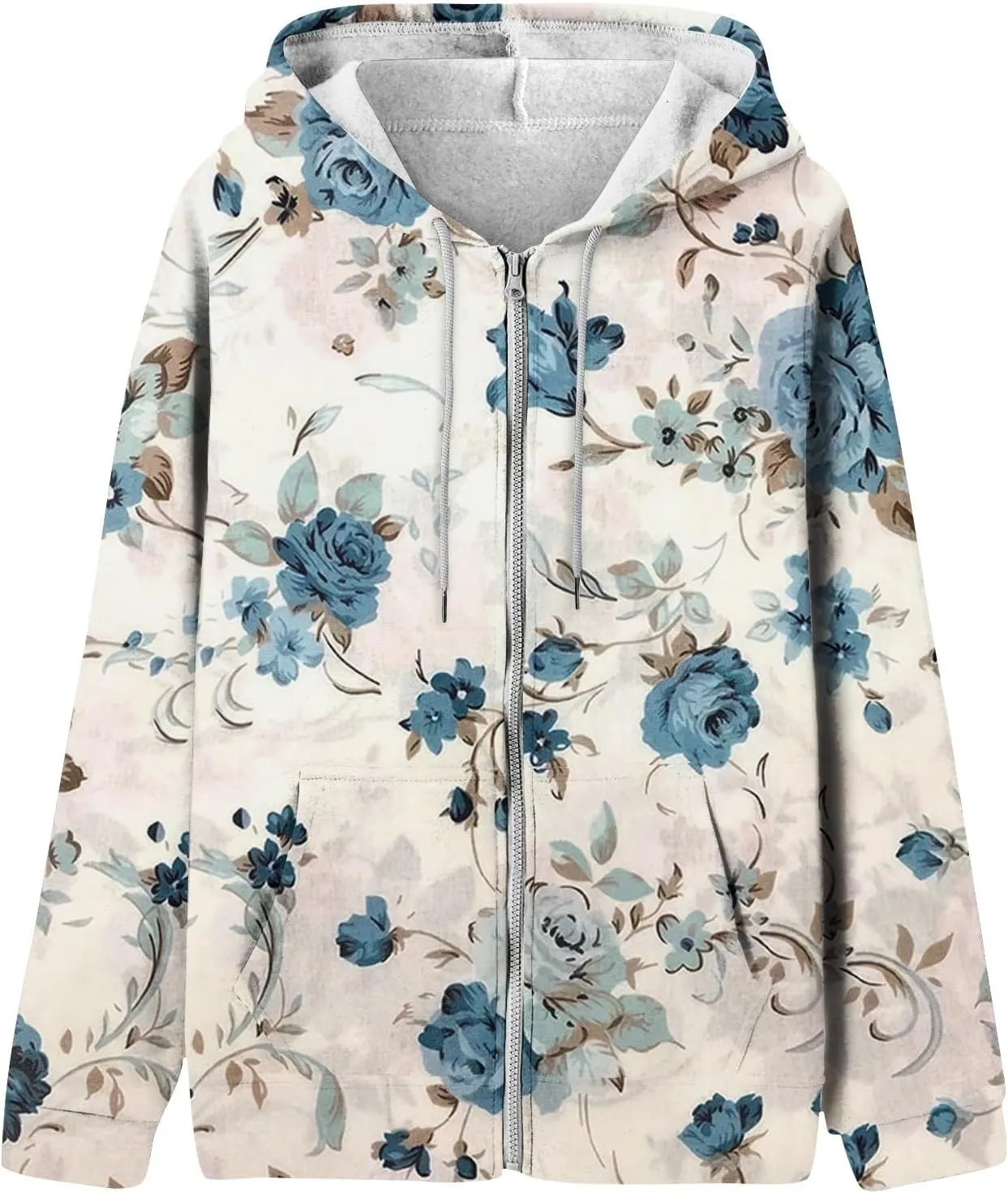 Women's Floral Zip Up Hoodies With Pockets, Casual Style, Long Sleeve, S-3XL