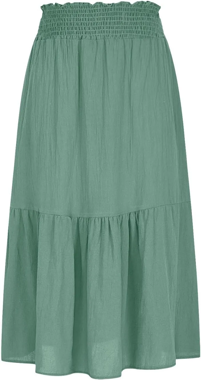 Women's Flowy Boho Maxi Skirt Elastic High Waist A Line Smocked Ruffle Tiered 2025 Summer Casual Beach Long Skirts