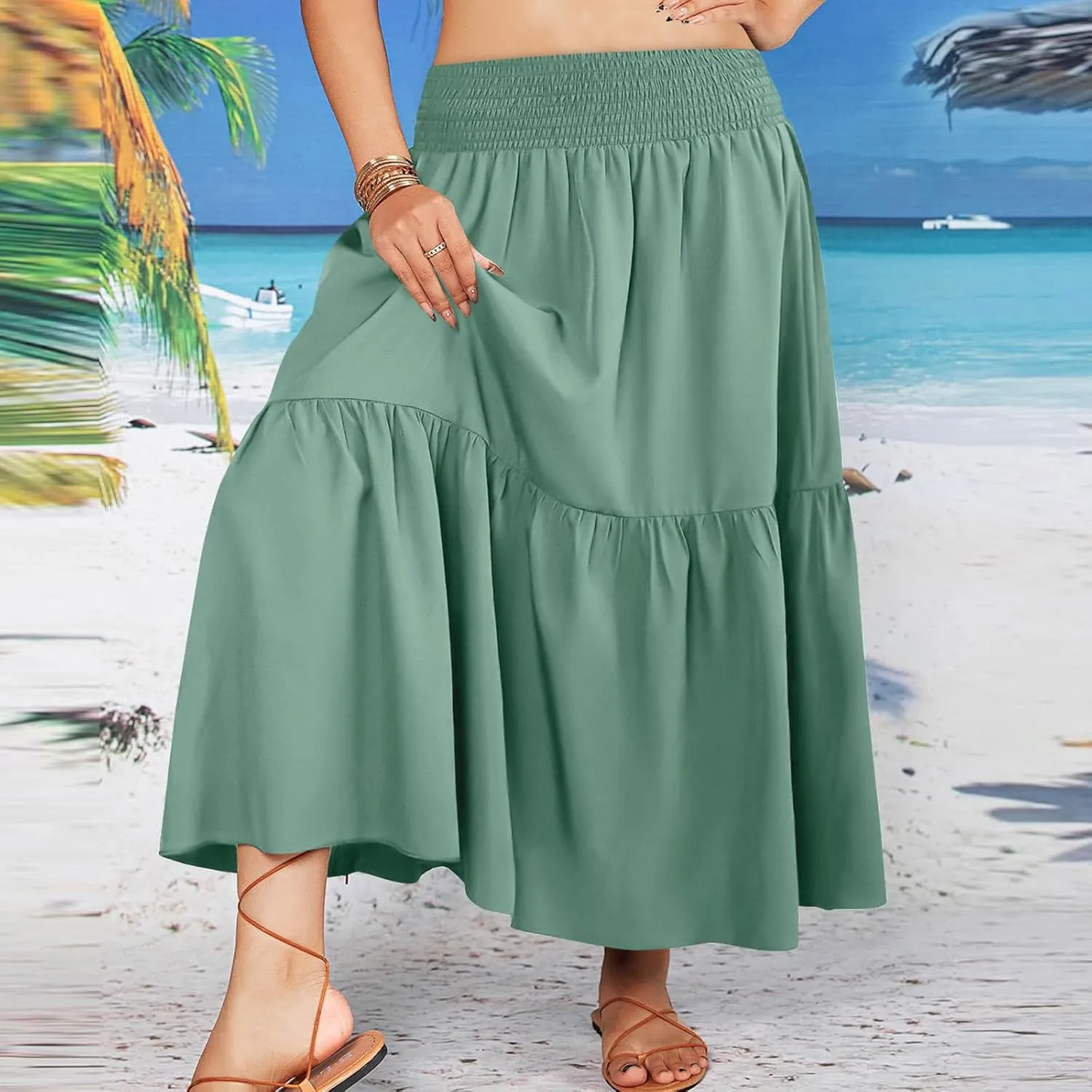 Women's Flowy Boho Maxi Skirt Elastic High Waist A Line Smocked Ruffle Tiered 2025 Summer Casual Beach Long Skirts