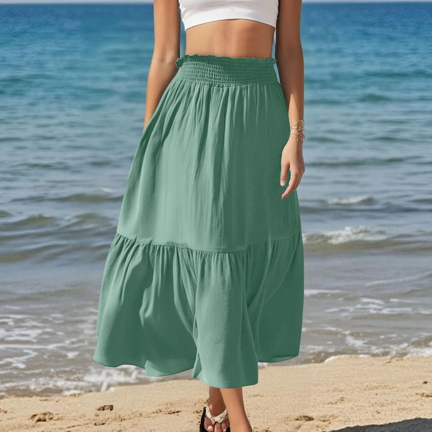 Women's Flowy Boho Maxi Skirt Elastic High Waist A Line Smocked Ruffle Tiered 2025 Summer Casual Beach Long Skirts