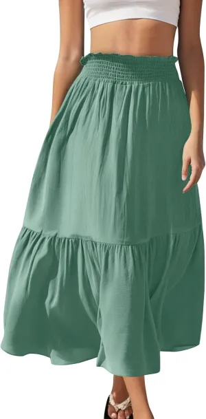 Women's Flowy Boho Maxi Skirt Elastic High Waist A Line Smocked Ruffle Tiered 2025 Summer Casual Beach Long Skirts