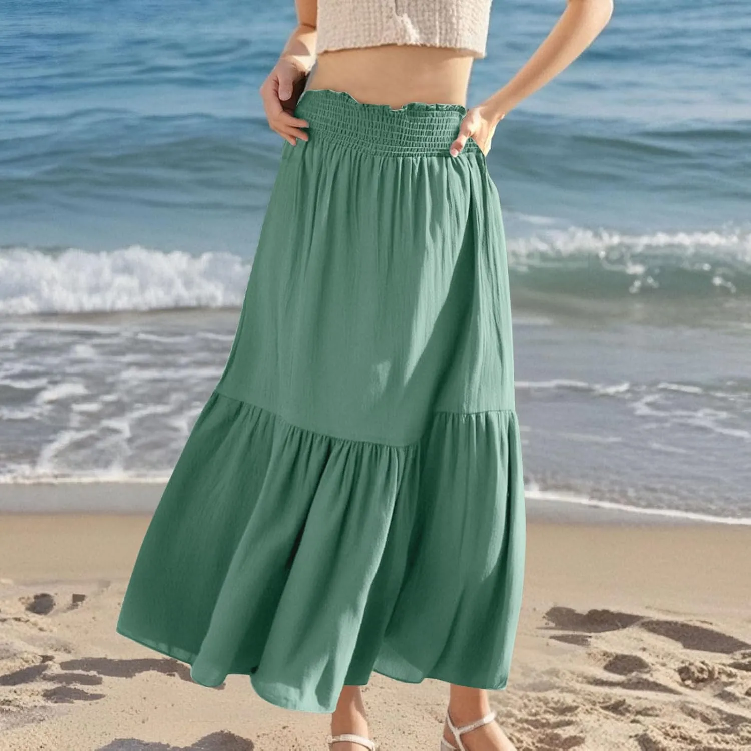 Women's Flowy Boho Maxi Skirt Elastic High Waist A Line Smocked Ruffle Tiered 2025 Summer Casual Beach Long Skirts