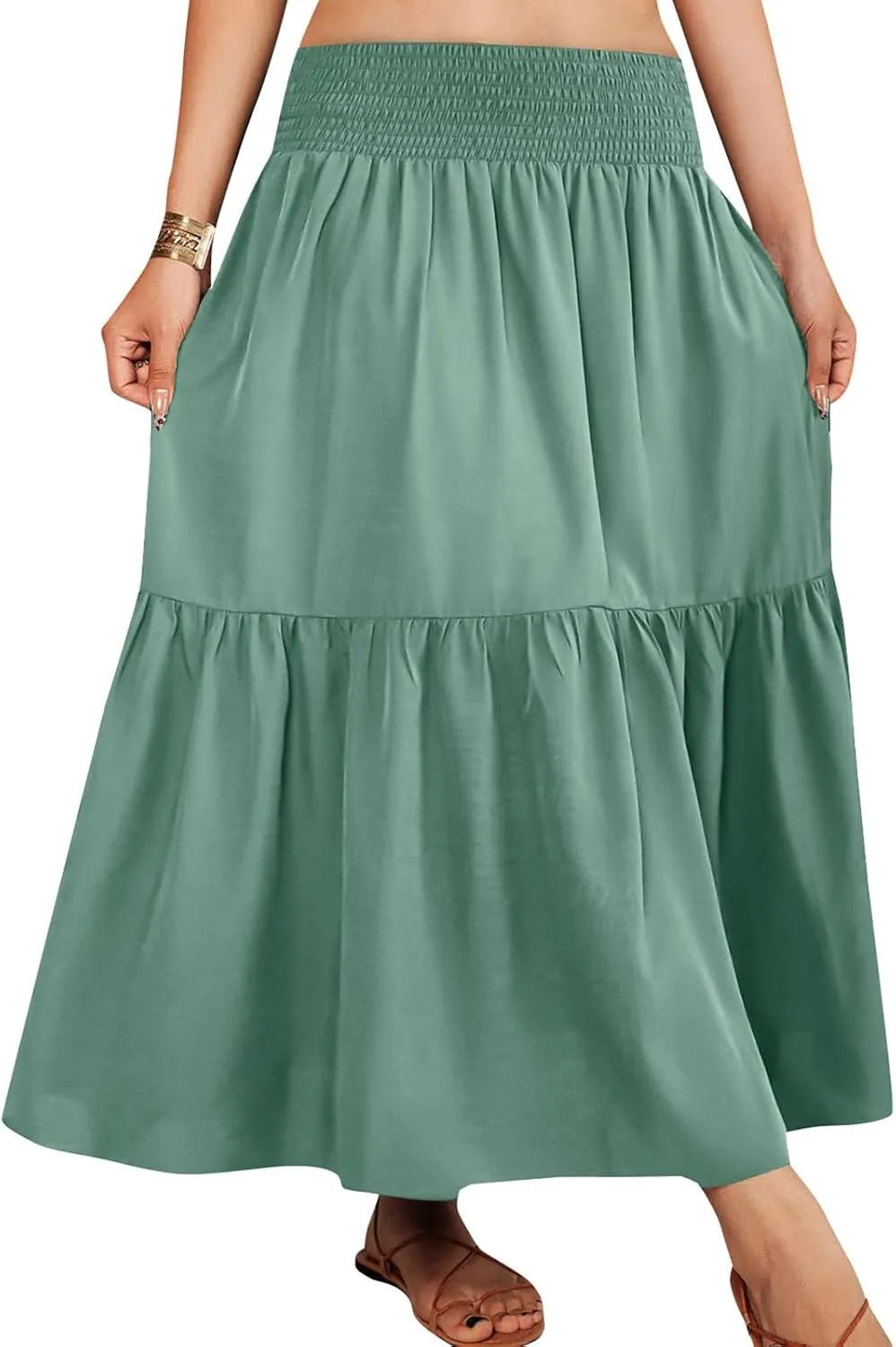 Women's Flowy Boho Maxi Skirt Elastic High Waist A Line Smocked Ruffle Tiered 2025 Summer Casual Beach Long Skirts