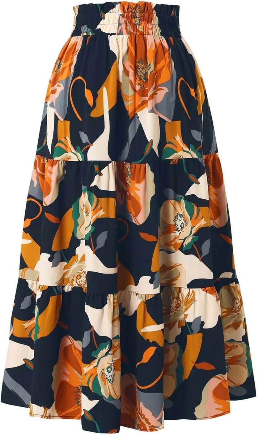 Women's Flowy High Waist A-Line Maxi Skirt Summer Casual Boho Floral Hawaii Beach Skirts Lightweight Long Skirts
