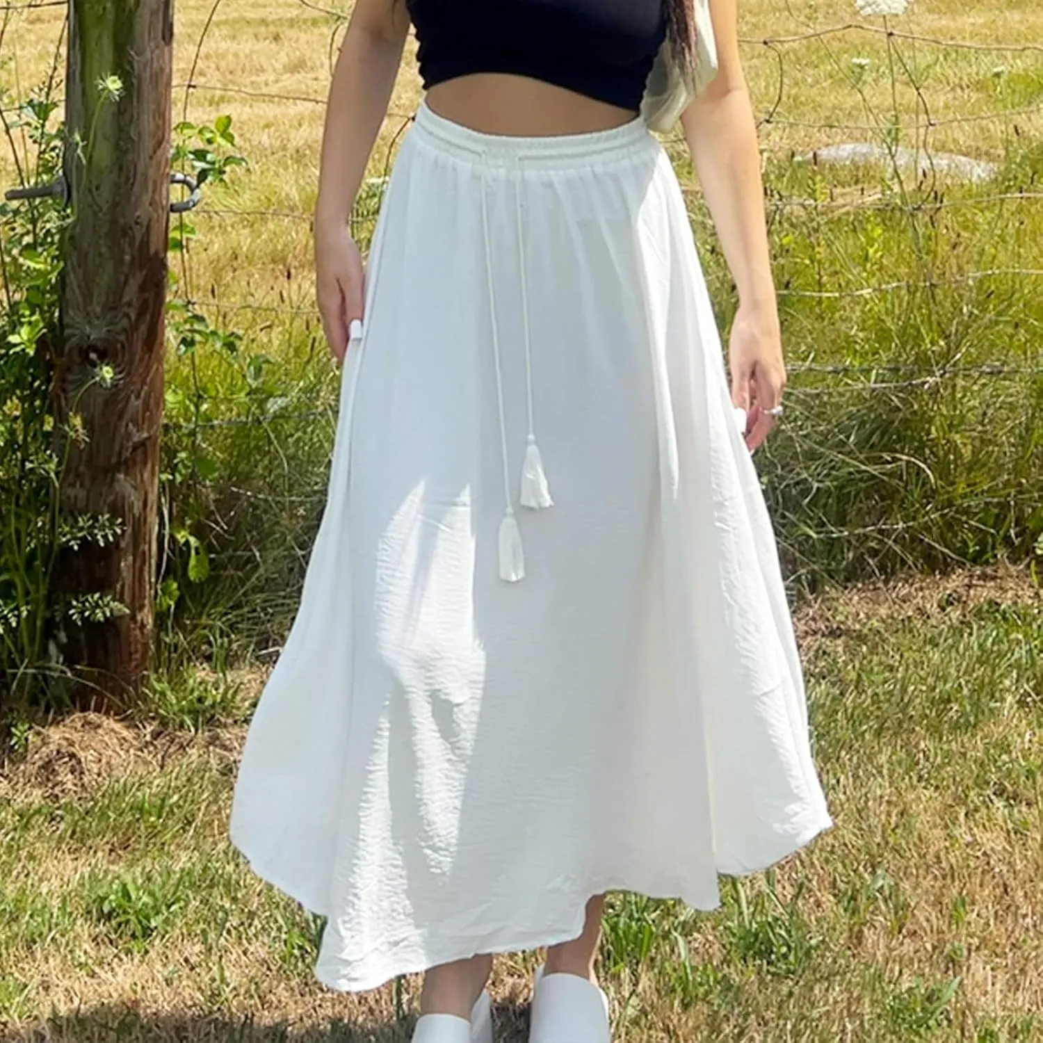 Womens Flowy Pleated Skirts Summer Casual Elastic High Waisted Skirt Trendy Boho Flared A Line Maxi Skirts 2025