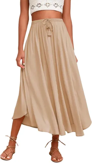 Womens Flowy Pleated Skirts Summer Casual Elastic High Waisted Skirt Trendy Boho Flared A Line Maxi Skirts 2025