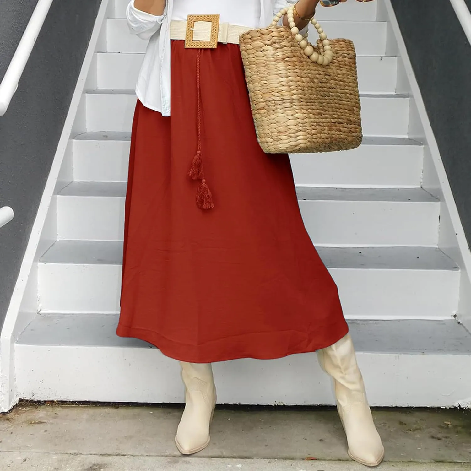 Womens Flowy Pleated Skirts Summer Casual Elastic High Waisted Skirt Trendy Boho Flared A Line Maxi Skirts 2025