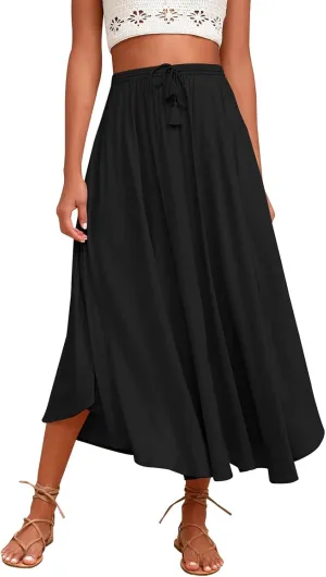 Womens Flowy Pleated Skirts Summer Casual Elastic High Waisted Skirt Trendy Boho Flared A Line Maxi Skirts 2025