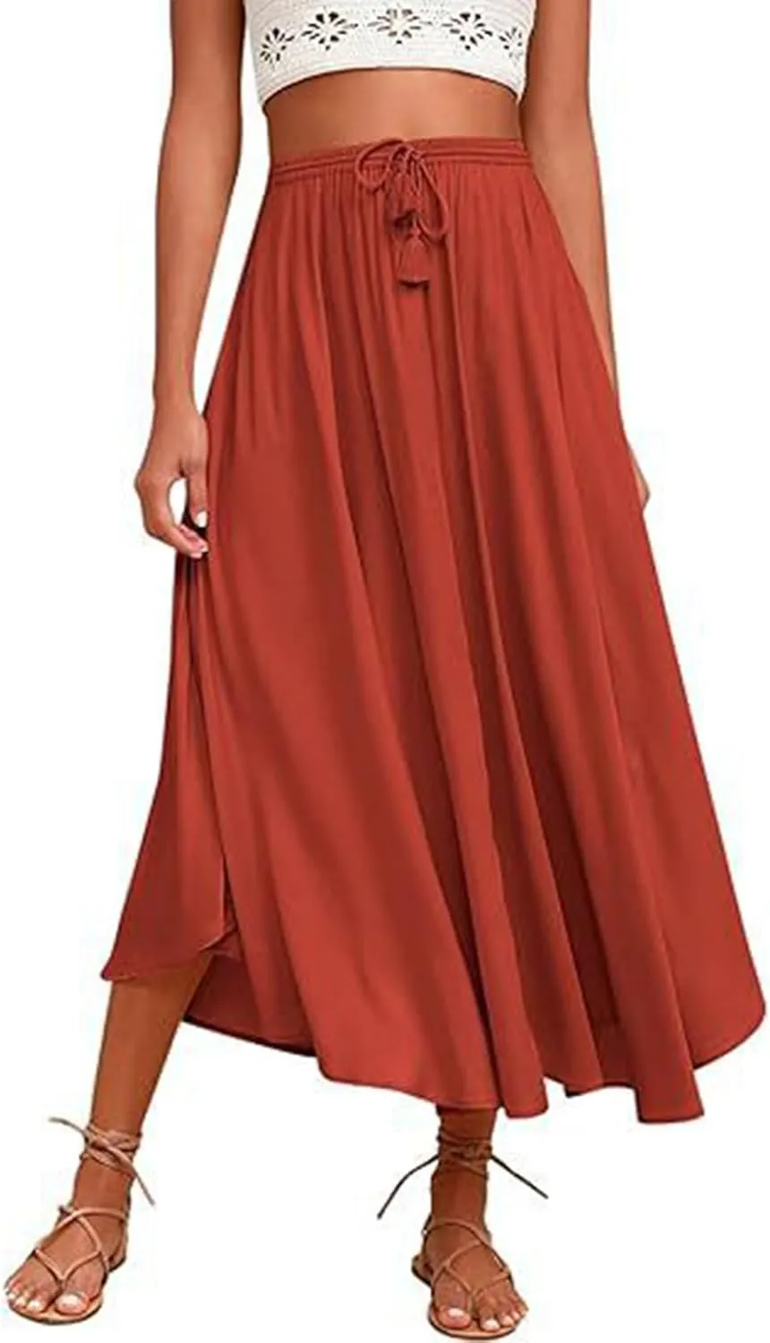 Womens Flowy Pleated Skirts Summer Casual Elastic High Waisted Skirt Trendy Boho Flared A Line Maxi Skirts 2025