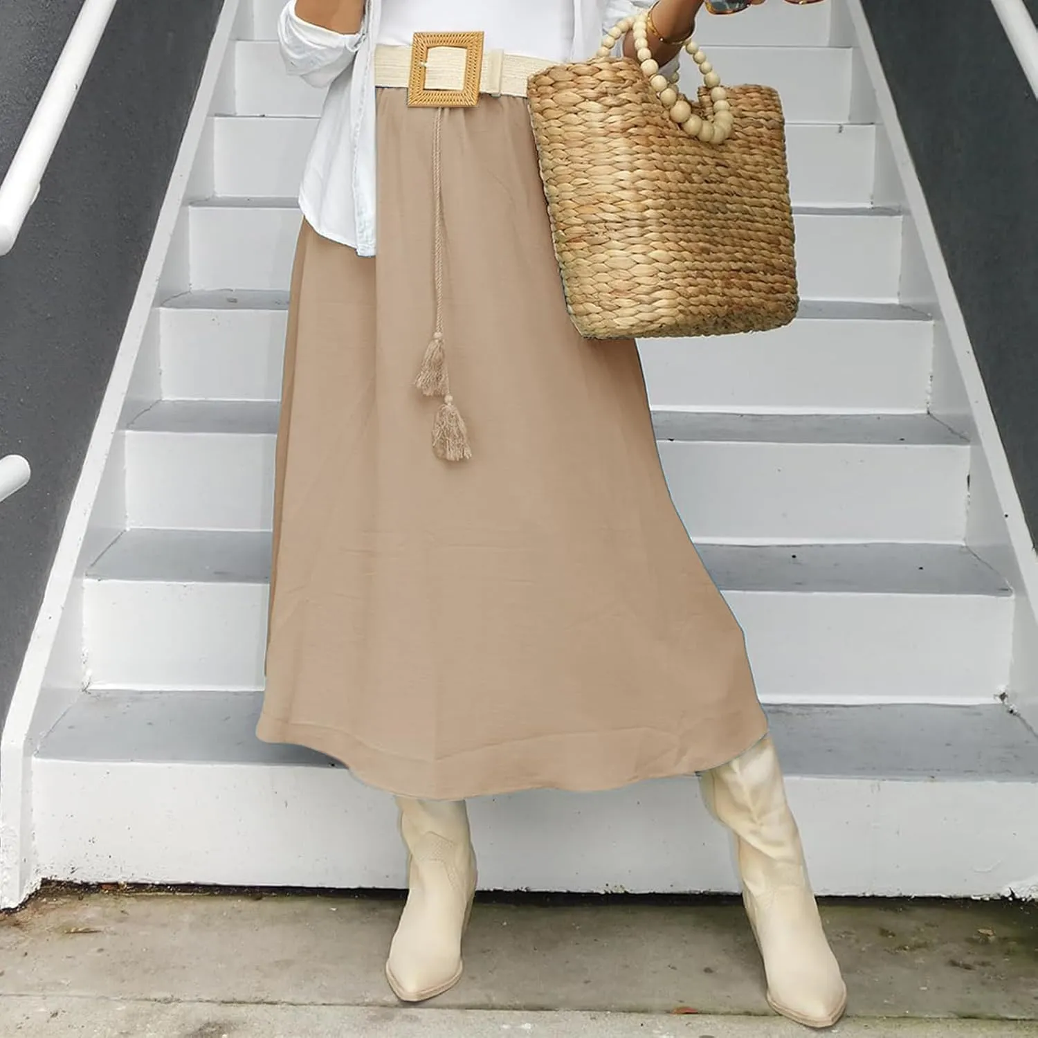 Womens Flowy Pleated Skirts Summer Casual Elastic High Waisted Skirt Trendy Boho Flared A Line Maxi Skirts 2025
