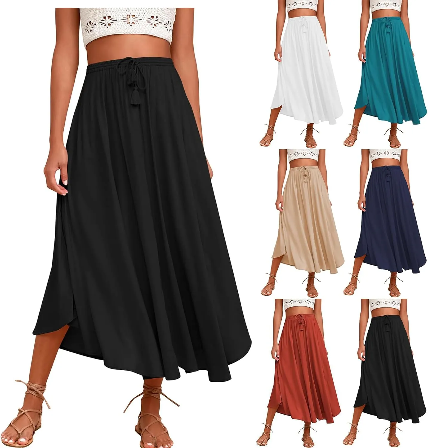 Womens Flowy Pleated Skirts Summer Casual Elastic High Waisted Skirt Trendy Boho Flared A Line Maxi Skirts 2025