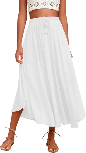 Womens Flowy Pleated Skirts Summer Casual Elastic High Waisted Skirt Trendy Boho Flared A Line Maxi Skirts 2025