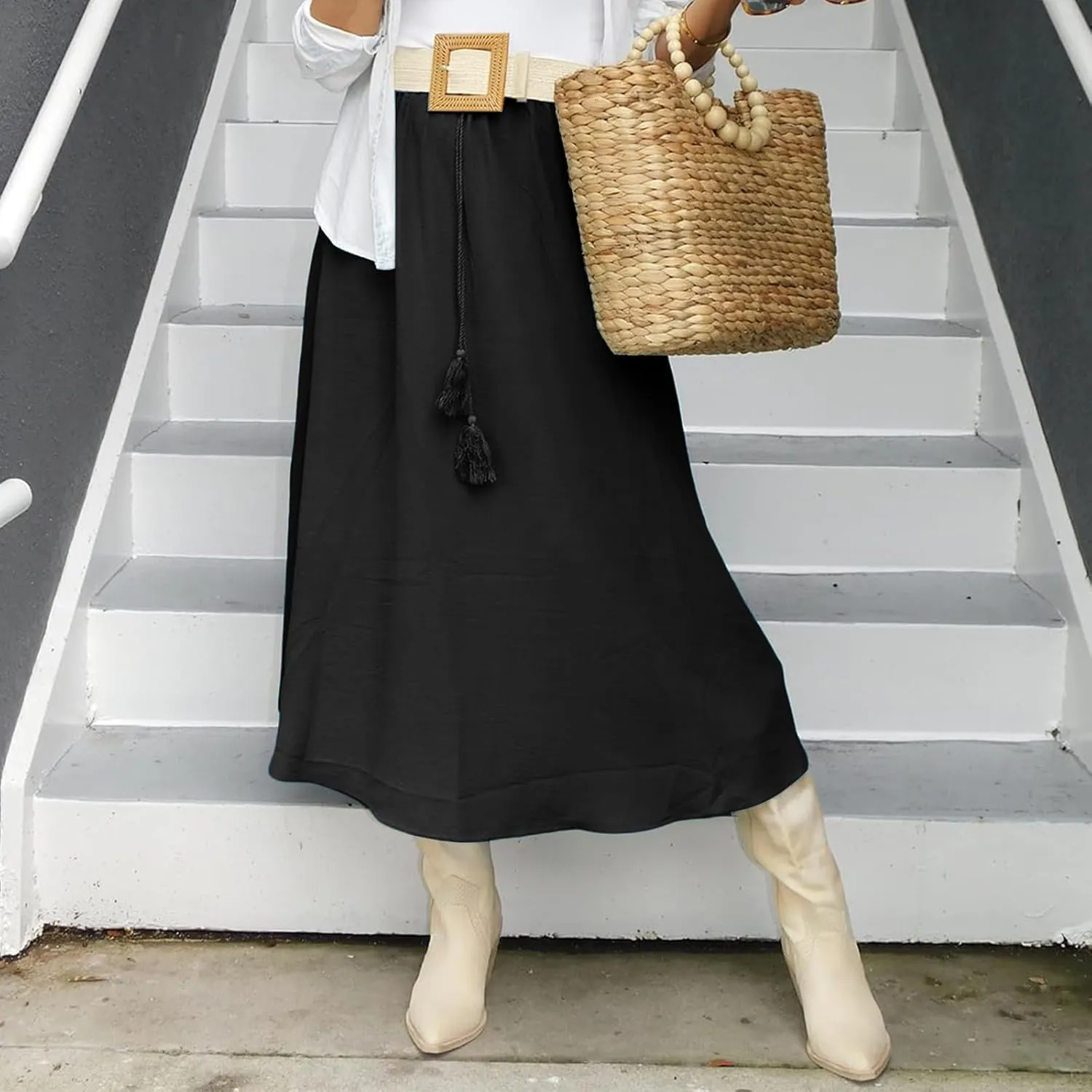 Womens Flowy Pleated Skirts Summer Casual Elastic High Waisted Skirt Trendy Boho Flared A Line Maxi Skirts 2025