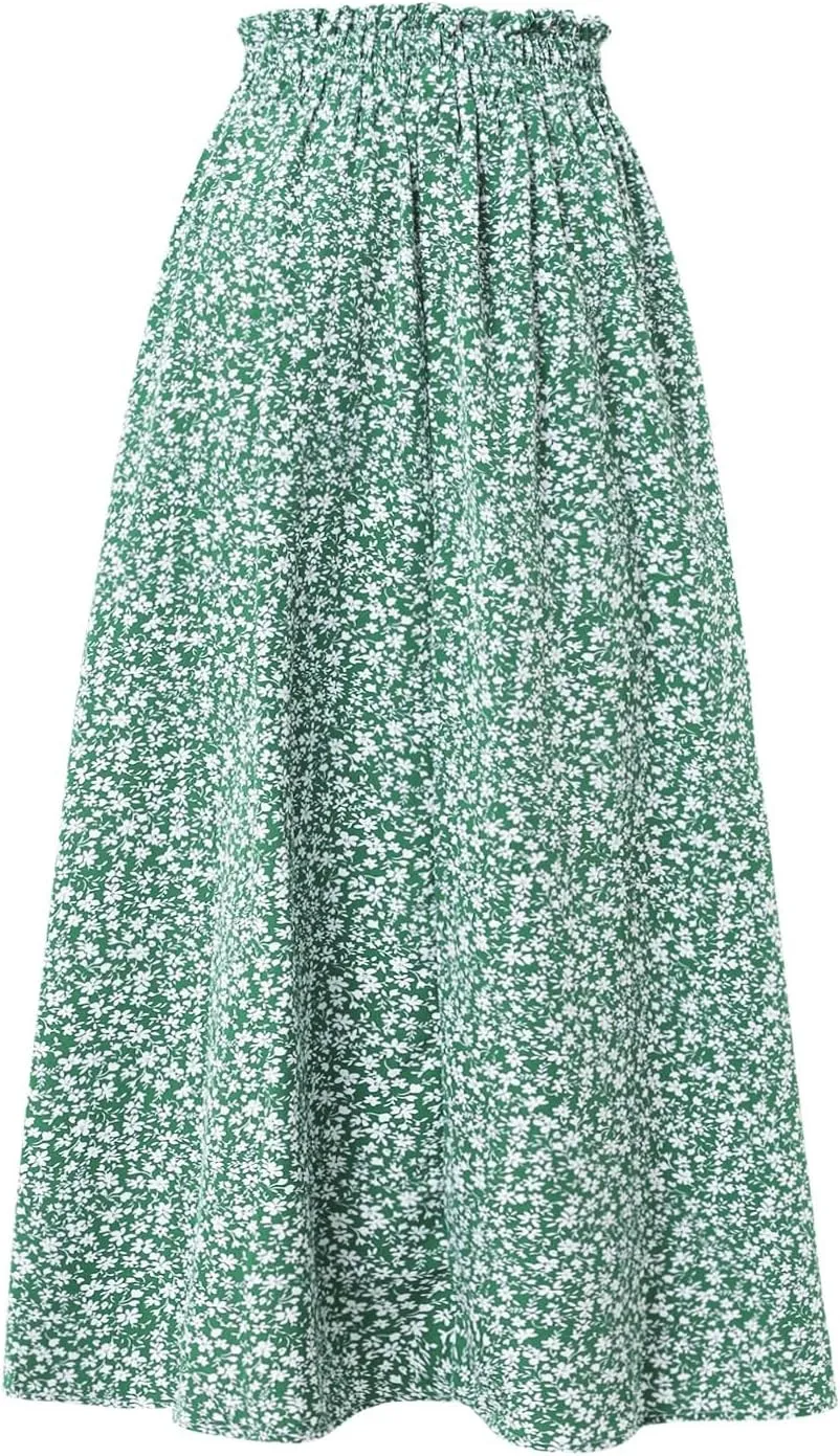 Women's High Elastic Waist Midi Skirt Casual Summer Trendy Tie Front Flowy Ruffle Floral Print A line Skirts