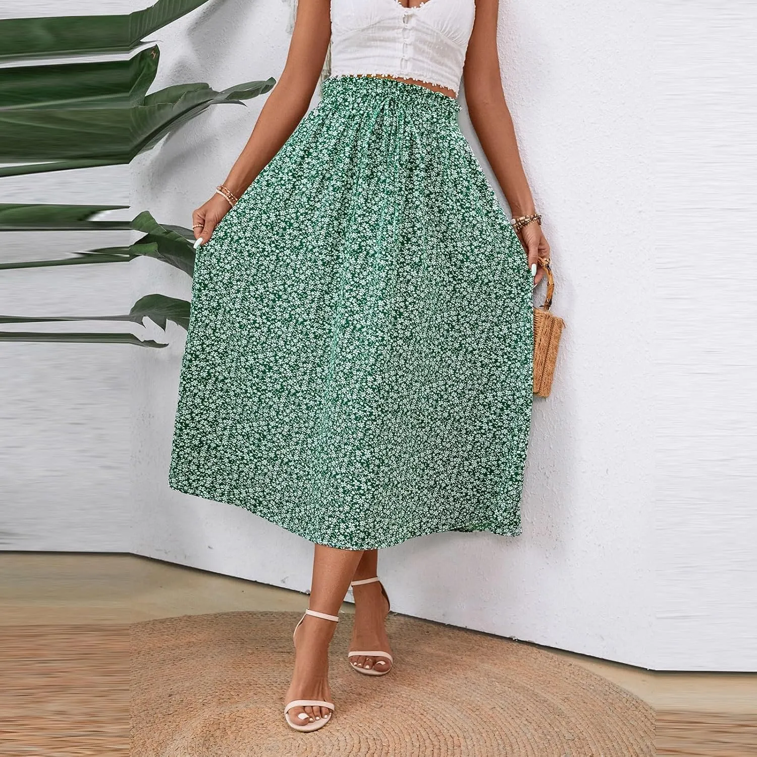 Women's High Elastic Waist Midi Skirt Casual Summer Trendy Tie Front Flowy Ruffle Floral Print A line Skirts