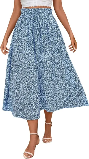 Women's High Elastic Waist Midi Skirt Casual Summer Trendy Tie Front Flowy Ruffle Floral Print A line Skirts