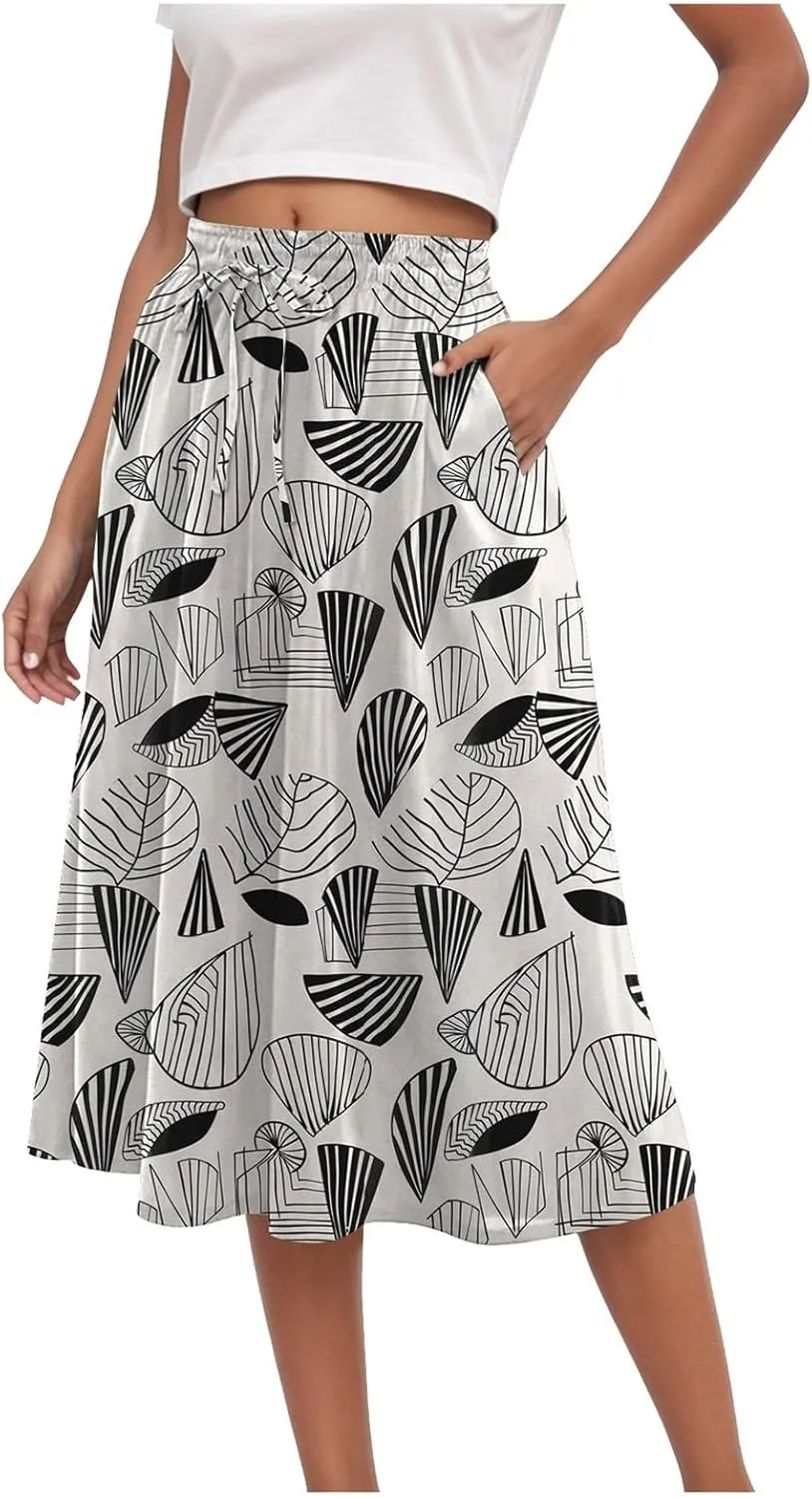 Women's High Elastic Waist Midi Skirt Casual Summer Trendy Tie Front Flowy Ruffle Floral Print A line Skirts