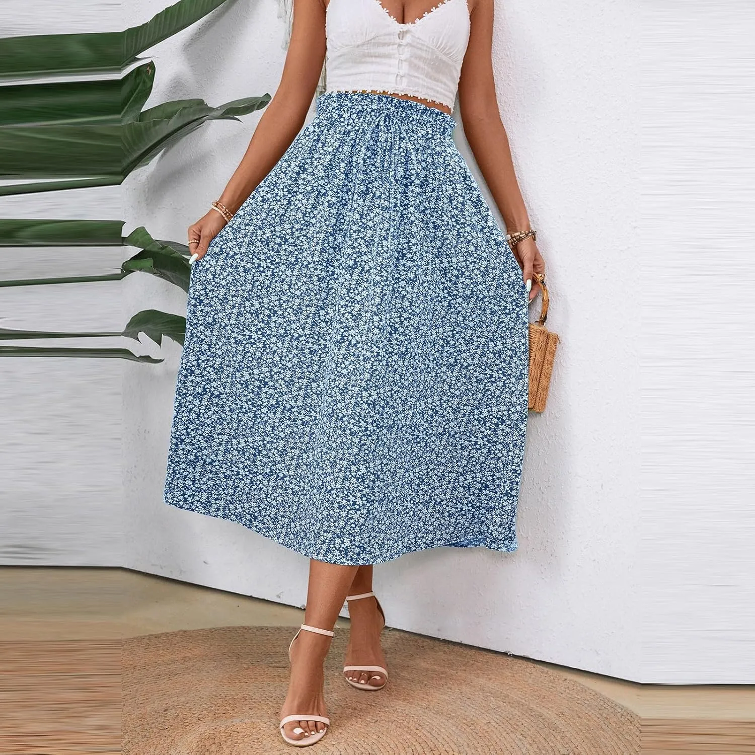 Women's High Elastic Waist Midi Skirt Casual Summer Trendy Tie Front Flowy Ruffle Floral Print A line Skirts