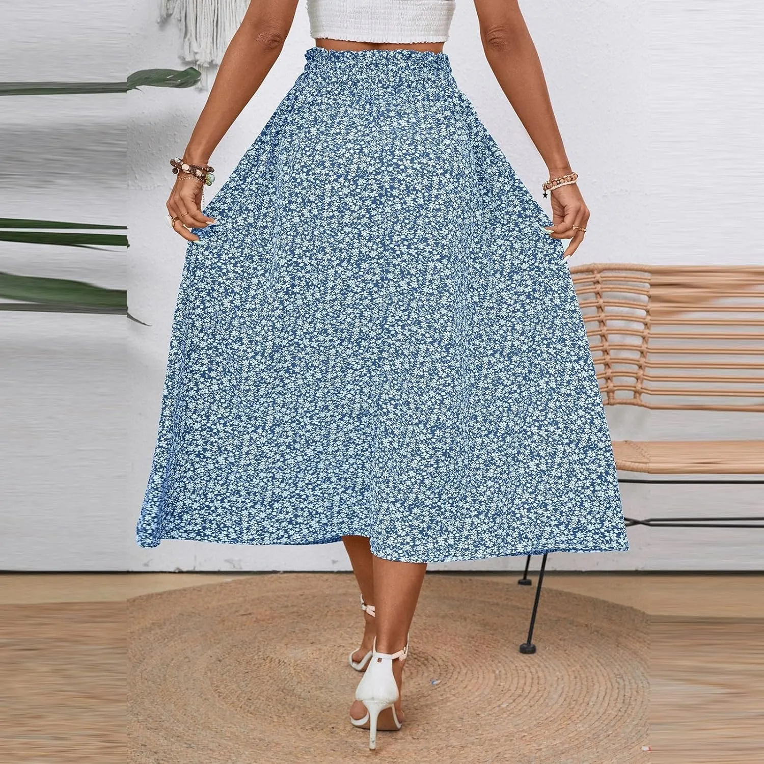 Women's High Elastic Waist Midi Skirt Casual Summer Trendy Tie Front Flowy Ruffle Floral Print A line Skirts