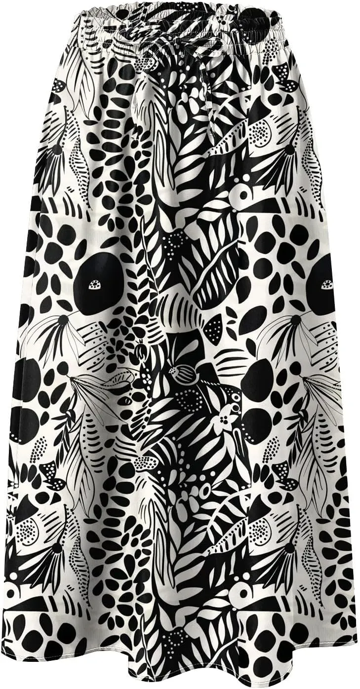 Women's High Elastic Waist Midi Skirt Casual Summer Trendy Tie Front Flowy Ruffle Floral Print A line Skirts