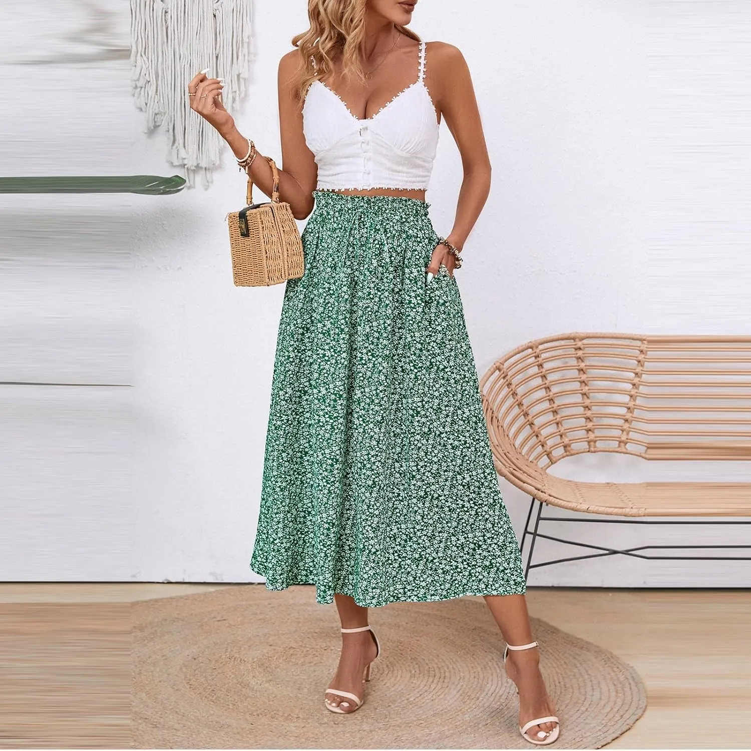 Women's High Elastic Waist Midi Skirt Casual Summer Trendy Tie Front Flowy Ruffle Floral Print A line Skirts