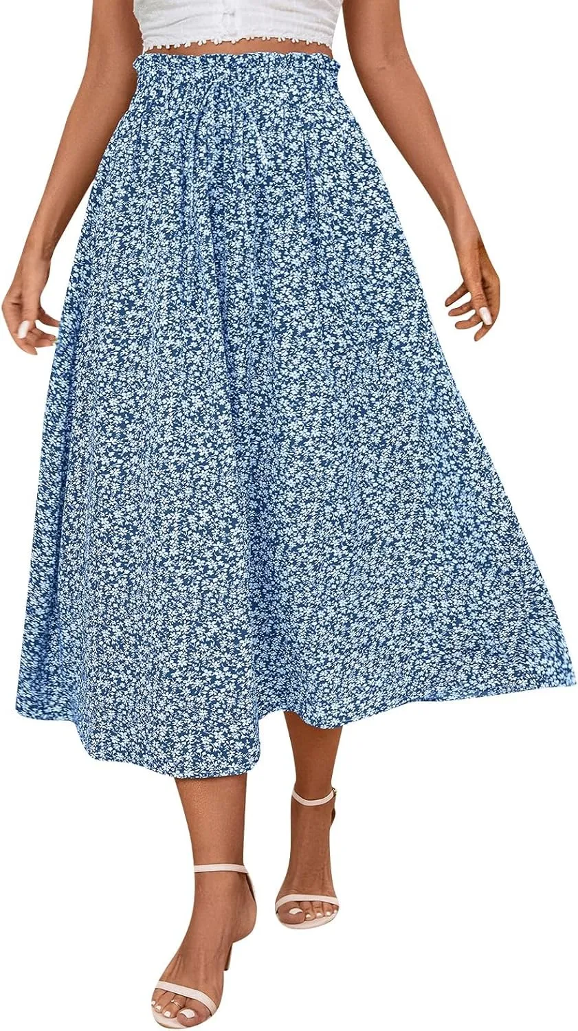 Women's High Elastic Waist Midi Skirt Casual Summer Trendy Tie Front Flowy Ruffle Floral Print A line Skirts
