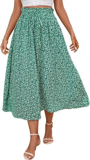 Women's High Elastic Waist Midi Skirt Casual Summer Trendy Tie Front Flowy Ruffle Floral Print A line Skirts