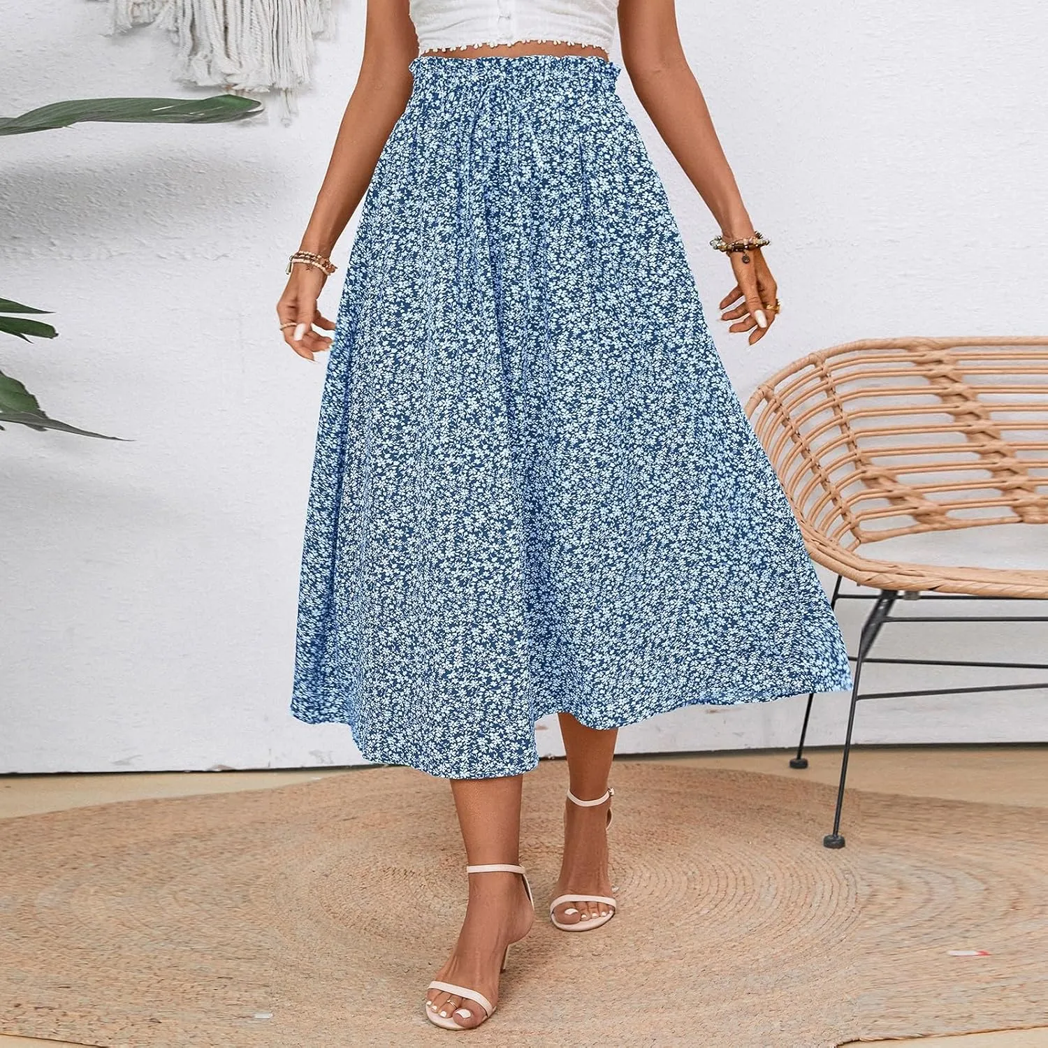 Women's High Elastic Waist Midi Skirt Casual Summer Trendy Tie Front Flowy Ruffle Floral Print A line Skirts