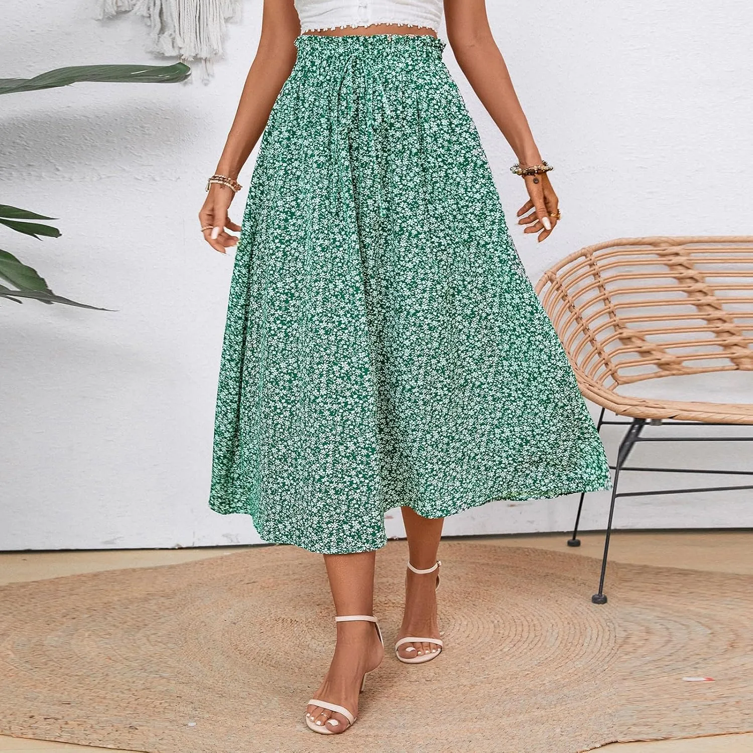 Women's High Elastic Waist Midi Skirt Casual Summer Trendy Tie Front Flowy Ruffle Floral Print A line Skirts