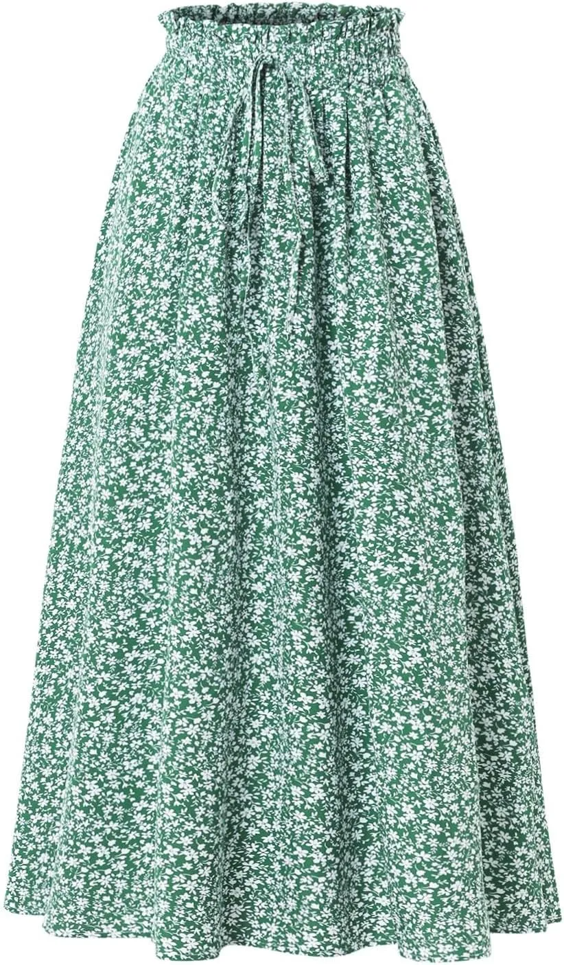 Women's High Elastic Waist Midi Skirt Casual Summer Trendy Tie Front Flowy Ruffle Floral Print A line Skirts