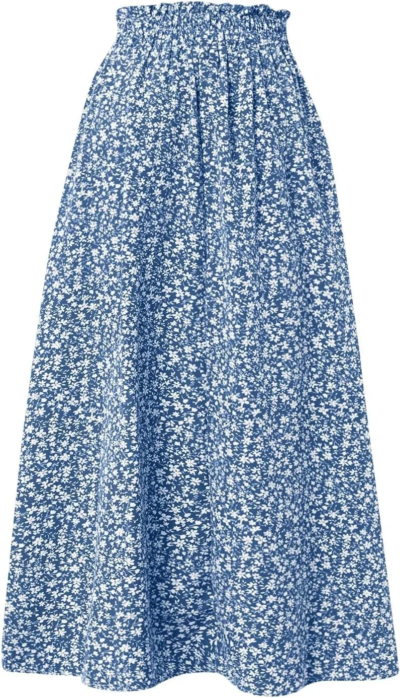 Women's High Elastic Waist Midi Skirt Casual Summer Trendy Tie Front Flowy Ruffle Floral Print A line Skirts