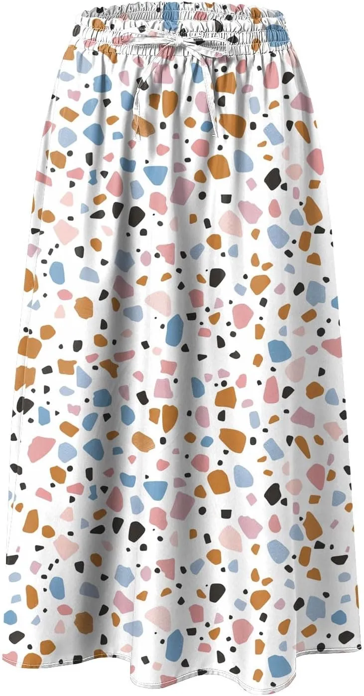 Women's High Elastic Waist Midi Skirt Casual Summer Trendy Tie Front Flowy Ruffle Floral Print A line Skirts