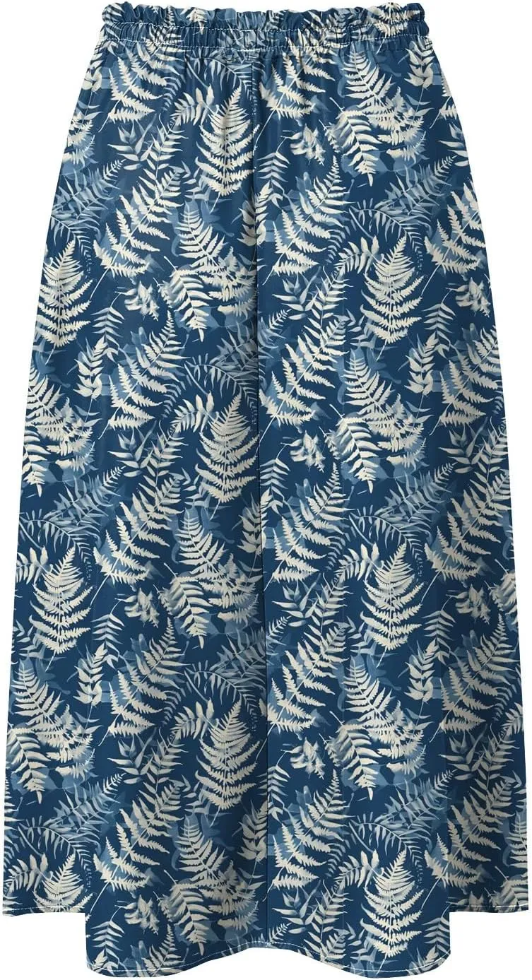 Women's High Elastic Waist Midi Skirt Casual Summer Trendy Tie Front Flowy Ruffle Floral Print A line Skirts