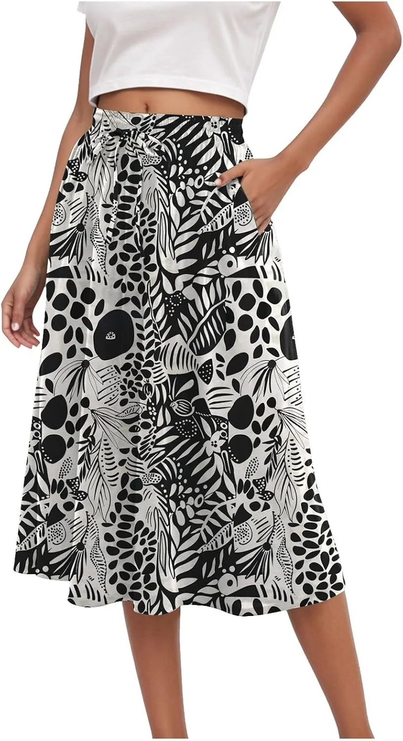 Women's High Elastic Waist Midi Skirt Casual Summer Trendy Tie Front Flowy Ruffle Floral Print A line Skirts