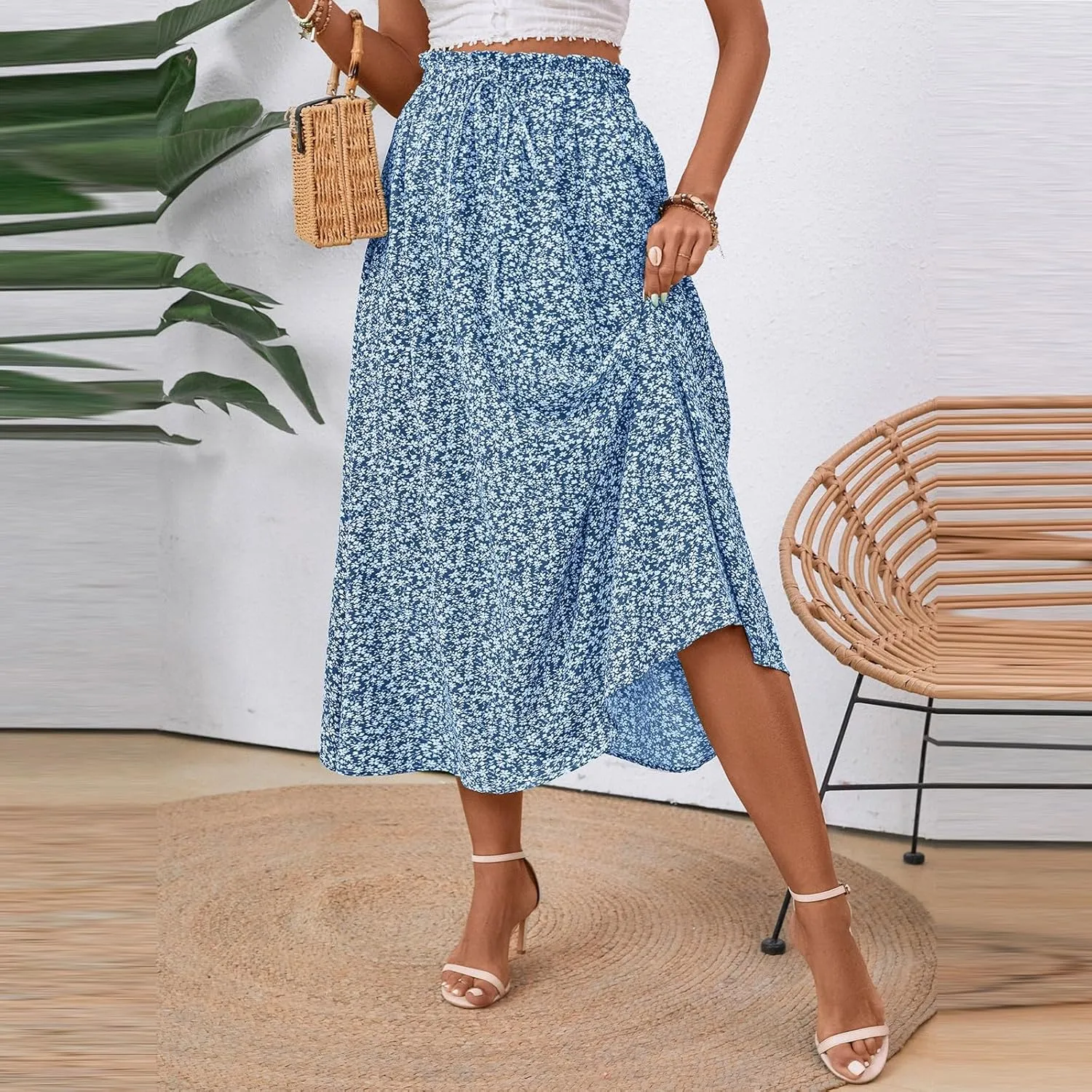 Women's High Elastic Waist Midi Skirt Casual Summer Trendy Tie Front Flowy Ruffle Floral Print A line Skirts