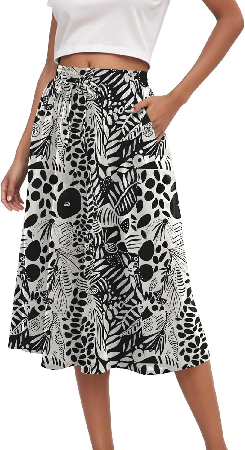 Women's High Elastic Waist Midi Skirt Casual Summer Trendy Tie Front Flowy Ruffle Floral Print A line Skirts