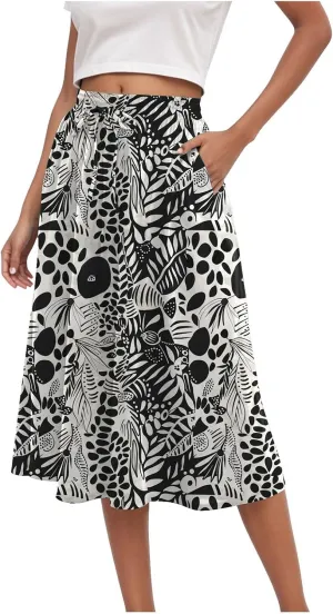 Women's High Elastic Waist Midi Skirt Casual Summer Trendy Tie Front Flowy Ruffle Floral Print A line Skirts