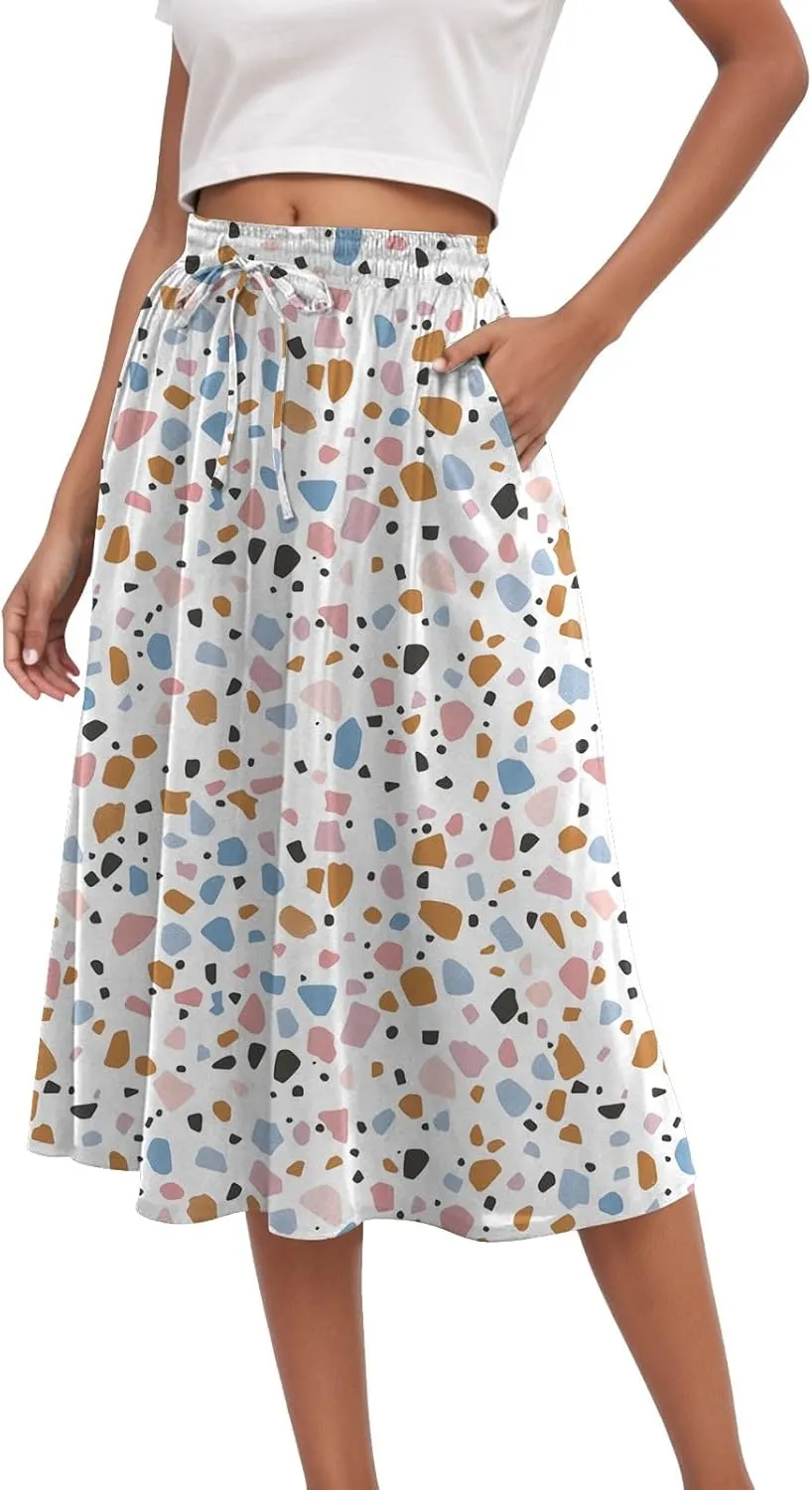 Women's High Elastic Waist Midi Skirt Casual Summer Trendy Tie Front Flowy Ruffle Floral Print A line Skirts