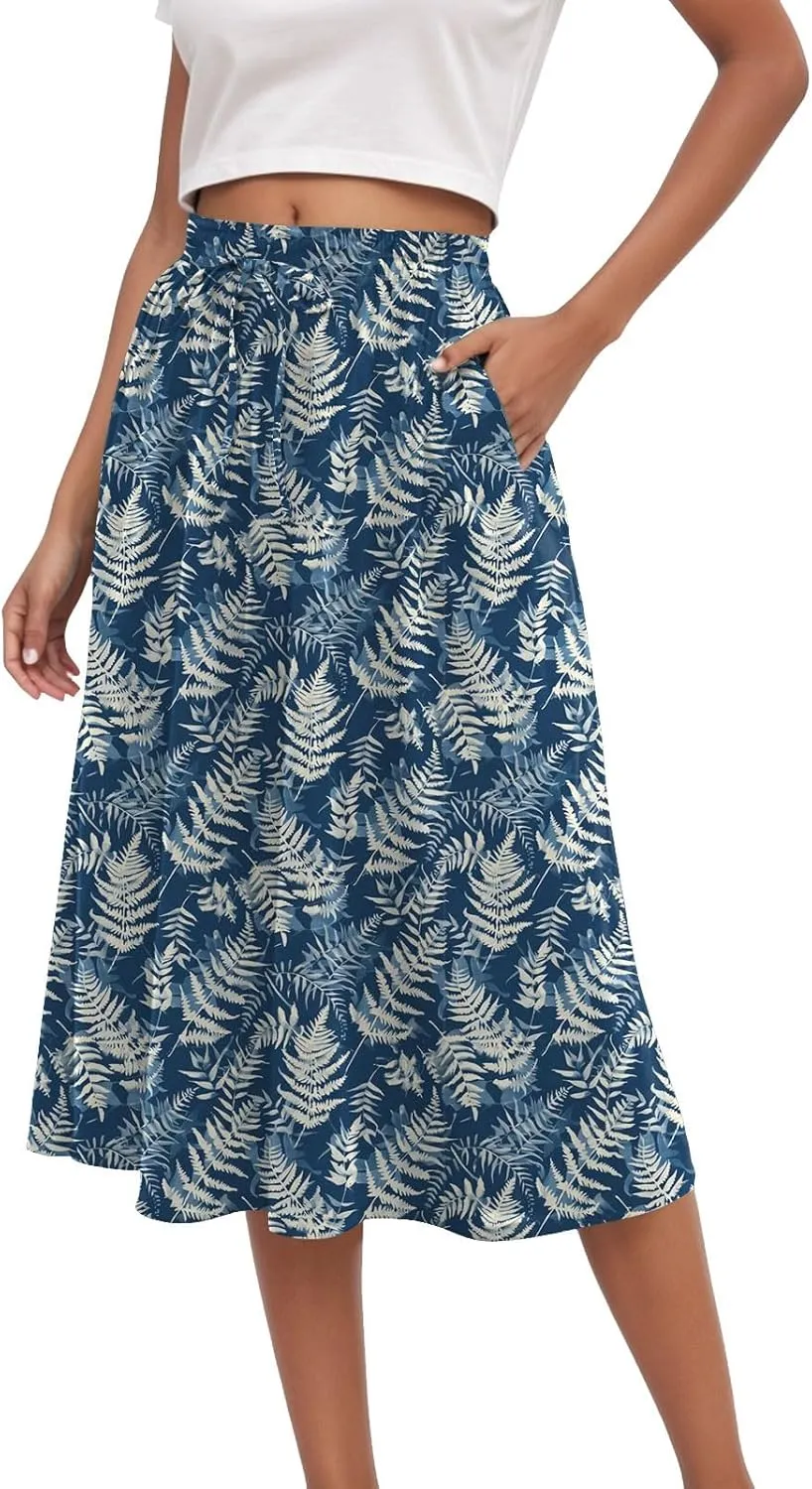 Women's High Elastic Waist Midi Skirt Casual Summer Trendy Tie Front Flowy Ruffle Floral Print A line Skirts