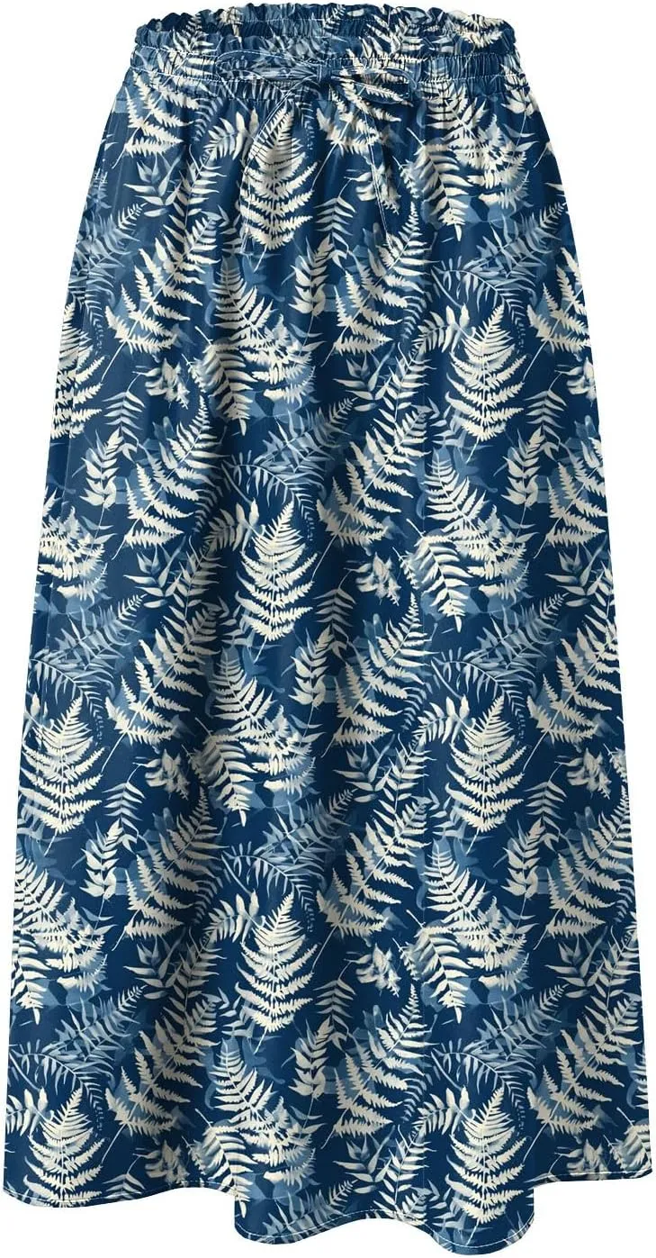 Women's High Elastic Waist Midi Skirt Casual Summer Trendy Tie Front Flowy Ruffle Floral Print A line Skirts