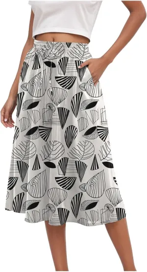 Women's High Elastic Waist Midi Skirt Casual Summer Trendy Tie Front Flowy Ruffle Floral Print A line Skirts