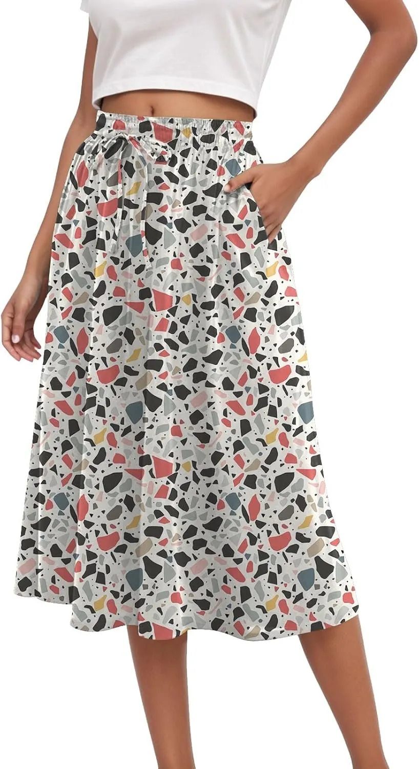 Women's High Elastic Waist Midi Skirt Casual Summer Trendy Tie Front Flowy Ruffle Floral Print A line Skirts