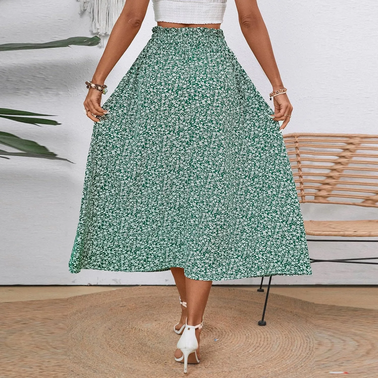 Women's High Elastic Waist Midi Skirt Casual Summer Trendy Tie Front Flowy Ruffle Floral Print A line Skirts