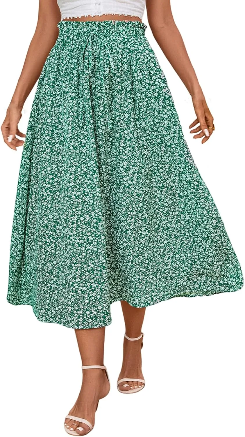 Women's High Elastic Waist Midi Skirt Casual Summer Trendy Tie Front Flowy Ruffle Floral Print A line Skirts