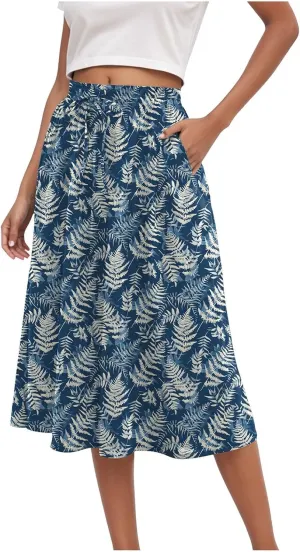 Women's High Elastic Waist Midi Skirt Casual Summer Trendy Tie Front Flowy Ruffle Floral Print A line Skirts