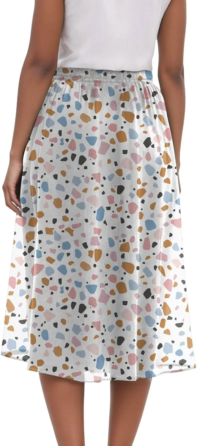 Women's High Elastic Waist Midi Skirt Casual Summer Trendy Tie Front Flowy Ruffle Floral Print A line Skirts