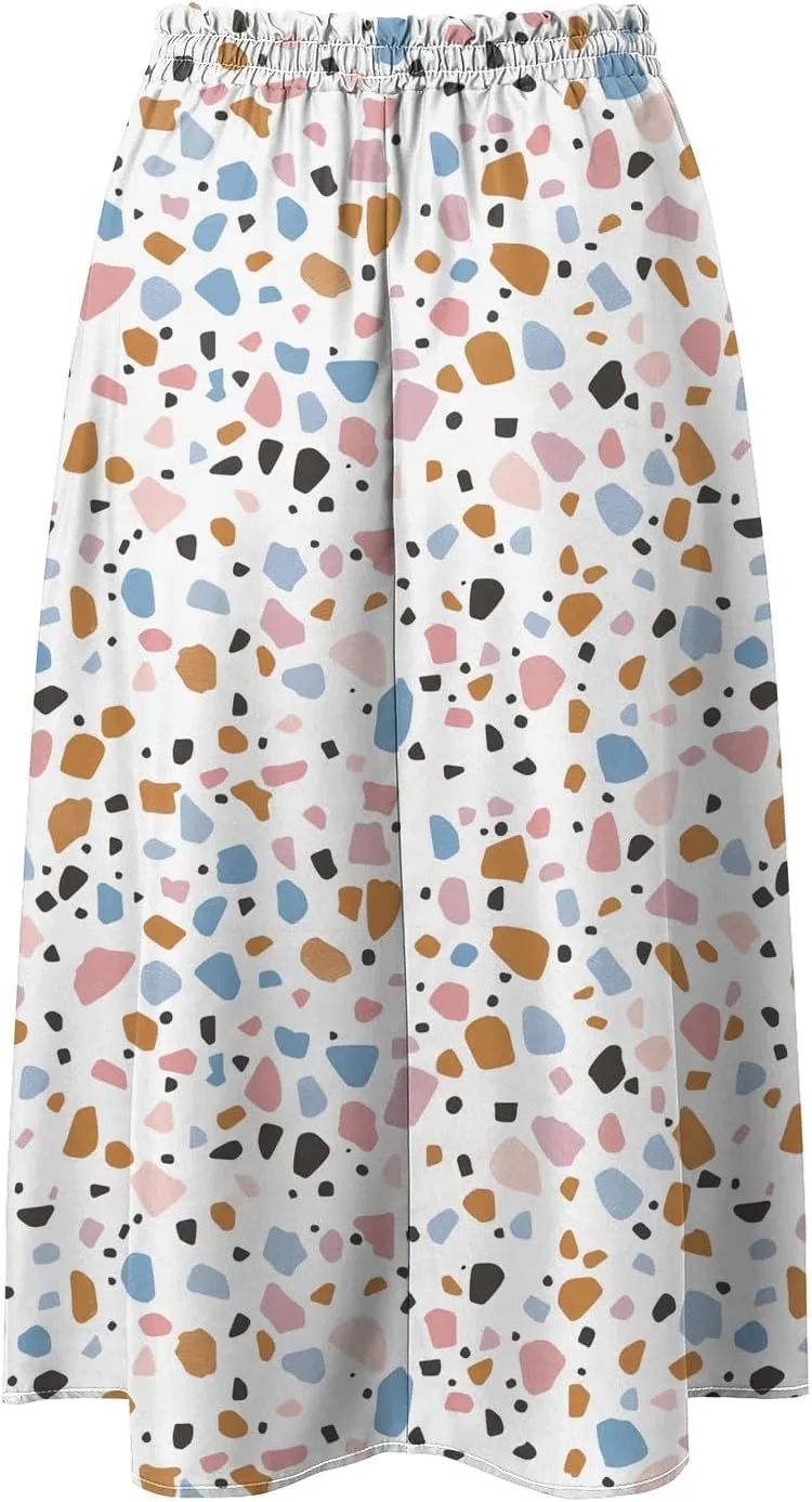 Women's High Elastic Waist Midi Skirt Casual Summer Trendy Tie Front Flowy Ruffle Floral Print A line Skirts